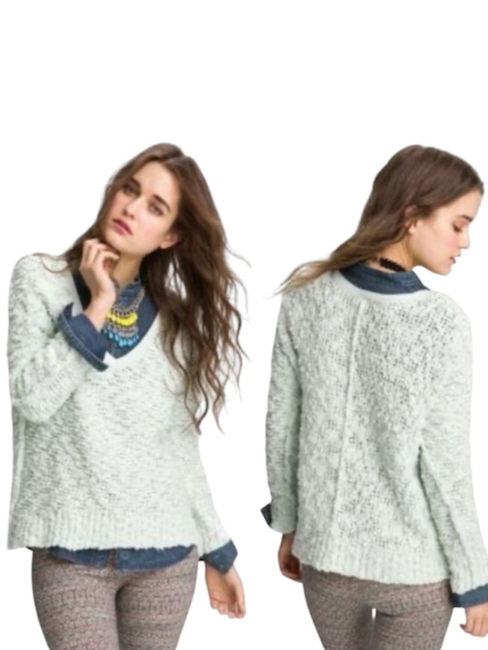 Free People Songbird Mint Green Boucle Knit V-Neck Sweater